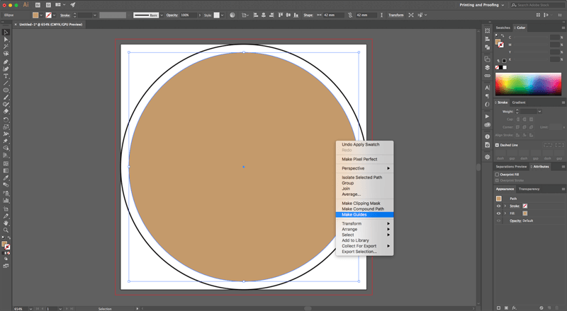 วาดวงกลมขนาดเล็กกว่าเส้นไดคัทด้านละ 1.5 มม.จัดให้อยู่ตรงกลางจากนั้นคลิ๊กขวาแล้วเลือก Make Guides