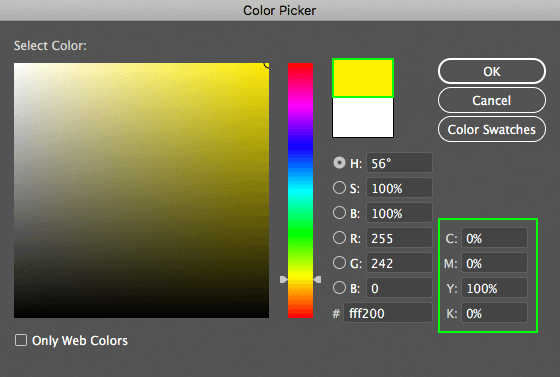 กำหนดค่าสีโดยตรงโดยใช้สีเหลืองบริสุทธิ์ 100%