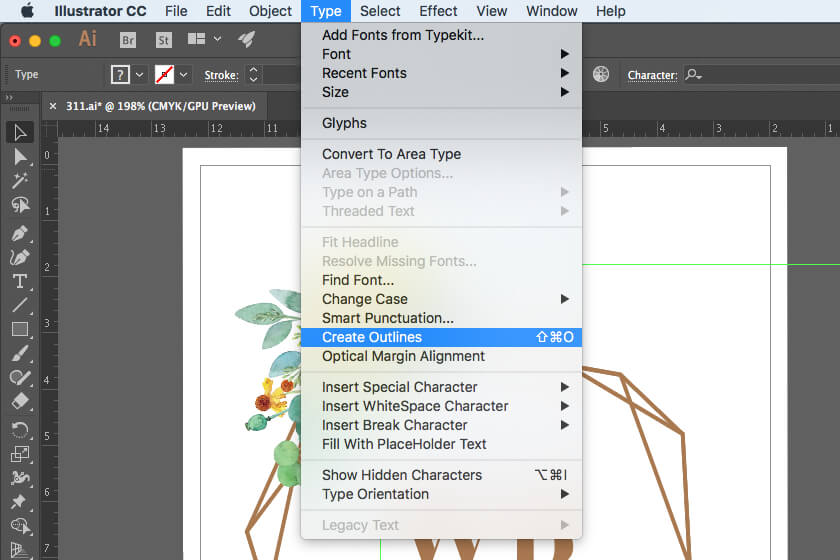 เลือกเมนู Type ▶ Create Outlines