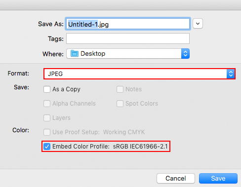 เลือกฟอร์แมทเป็น JPEG และทำการแนบโปรไฟล์สี sRGB